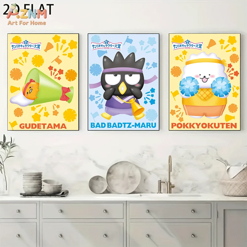 AZNM Gudetama Bad Badtz-Maru Pokkyokuten Frameless Canvas Wall Art, Cheerleader Cartoon Poster, Cute Kawaii Aesthetic Home Bedro