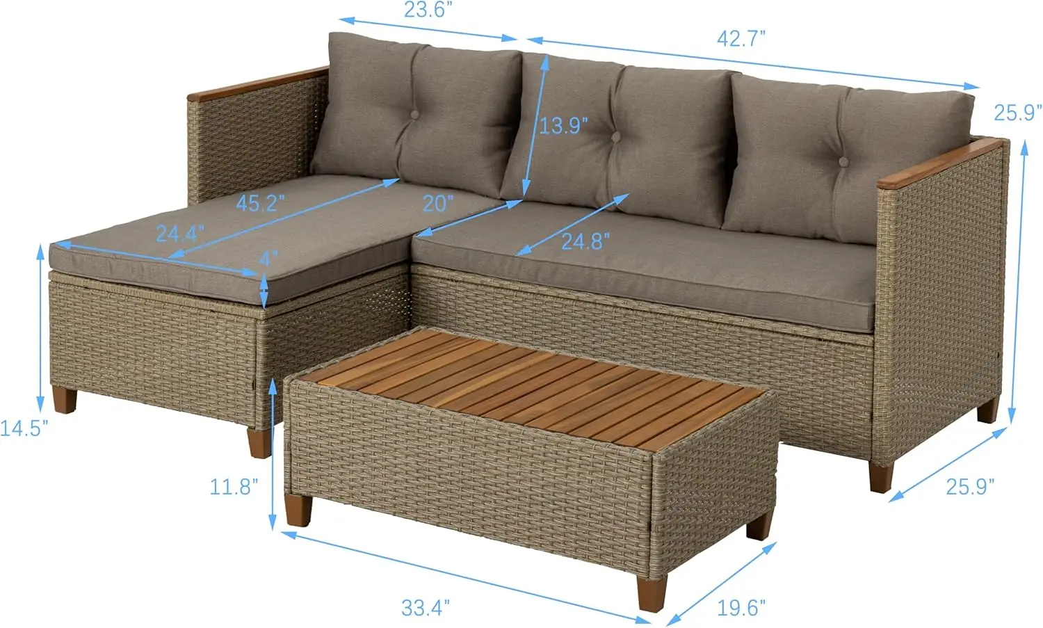 Zestaw mebli ogrodowych 3-częściowa sofa segmentowa na zewnątrz Kanapa na każdą pogodę Rattanowy wiklinowy zestaw do rozmów z kawą z drewna akacjowego