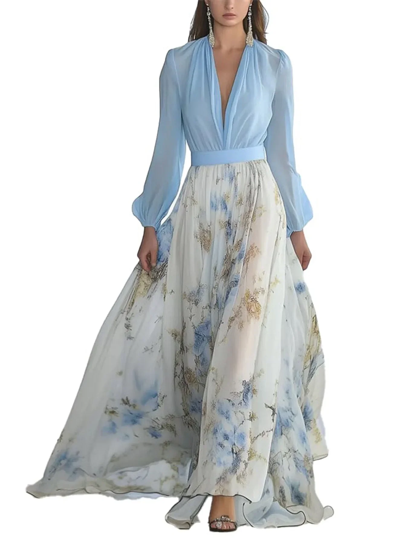 Sexy Women  V Neck Printed Long Sleeve Flowy Boho Chic Maxi Dress Elegant Women Vocation Dress