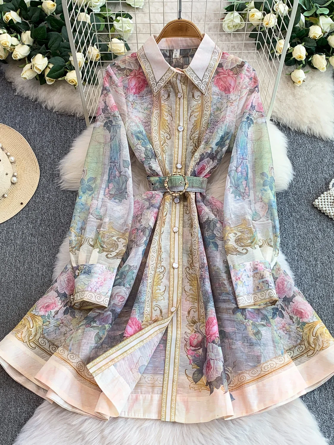 Spring Autumn Long Sleeve Printed Dress Women's Belted Slimming Beautiful Midi Dress Court Style Retro Print High Waist A-Lin...