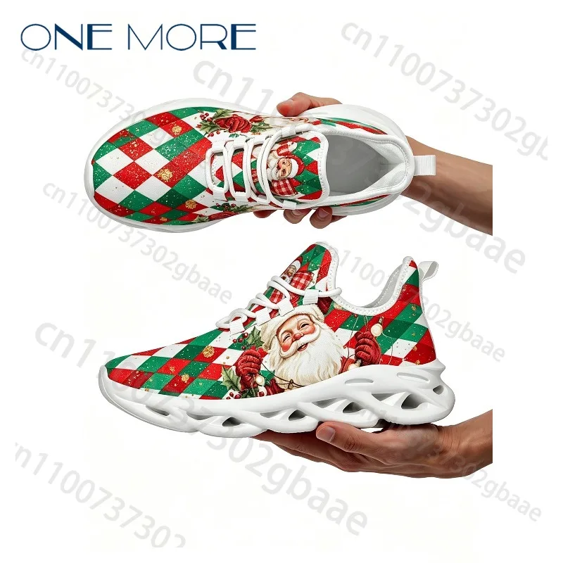 2026 Christmas Santa Print Wave Sole Mesh Sneakers Men Women Interest Red Green Color Blocking Outdoor Lightweight Shoes