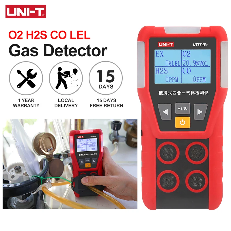 UNI-T 4 in 1 Gas Detector UT334E+ O2 CO H2S Combustible Gases Monitor Leakage Detector Air Quality Tester