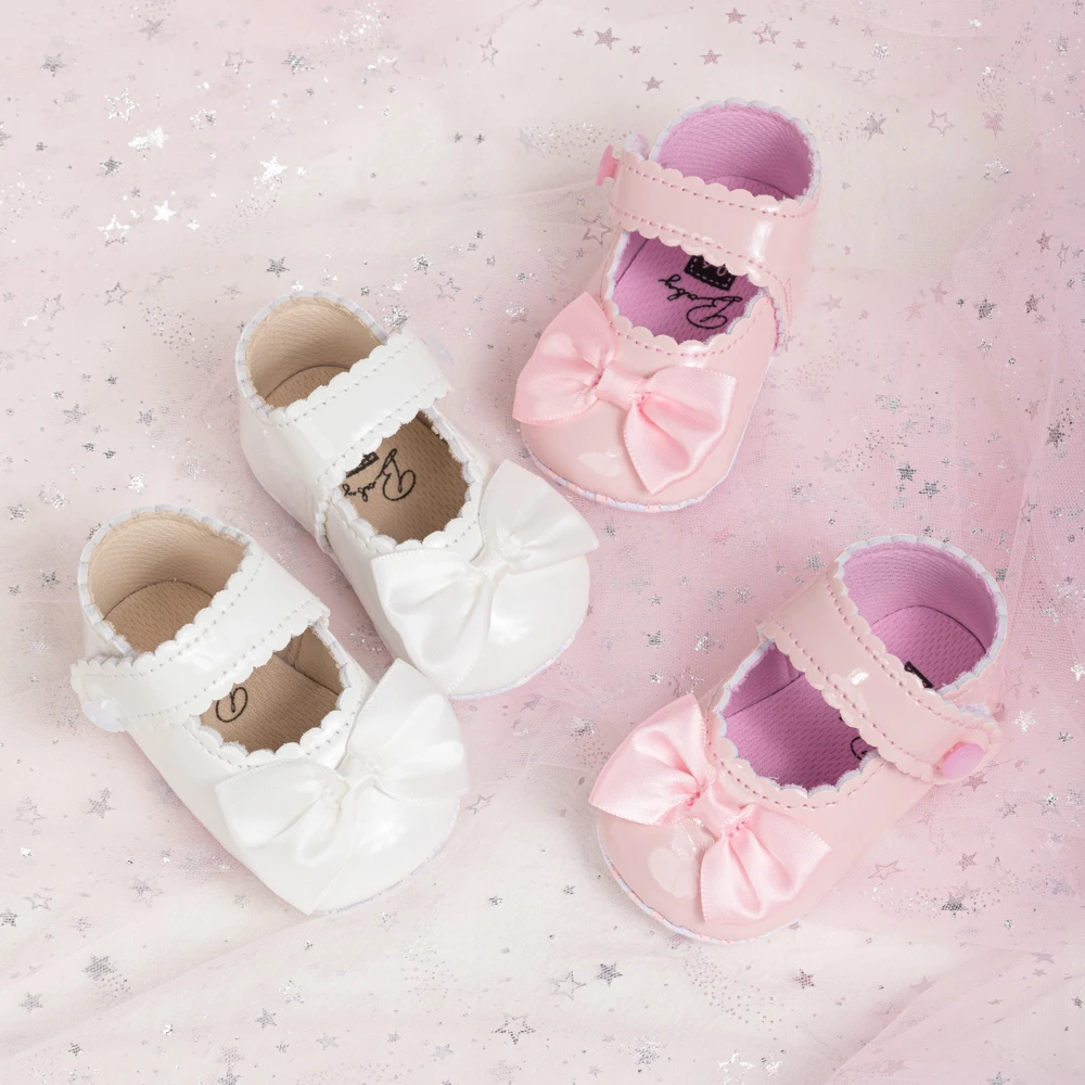 New Newborn Baby Bow Tie Hundred Princess Shoes Soft Bottom 0-12 Months Baby Walking Shoes Bright Non-slip Anti-fall Shoes