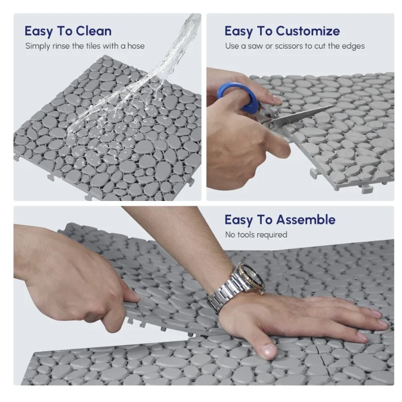 60 قطعة من بلاط سطح السفينة المتشابكة من البلاستيك الرمادي مقاس 12 بوصة × 12 بوصة من حجر حصاة خارجي/دش/شرفة مضادة للانزلاق بسعة 440 رطلًا سهلة التجميع #4