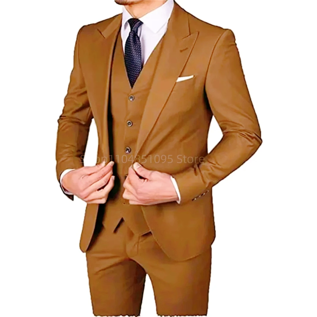 

Slim Fit Mens Suits Fashion Brown Wedding Groom Tuxedos Male Slim Fit 3 Piece Set Formal Business Peaked Lapel Blazer Vest Pants