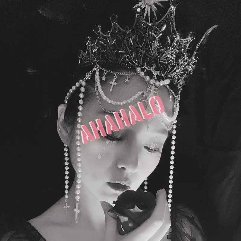 Gothic KC Crown Halo Lolita Gorgeous Bead Chain Pendant Gold Black Crown Headpiece Sun Goddess Queen Princess Hair Accessories