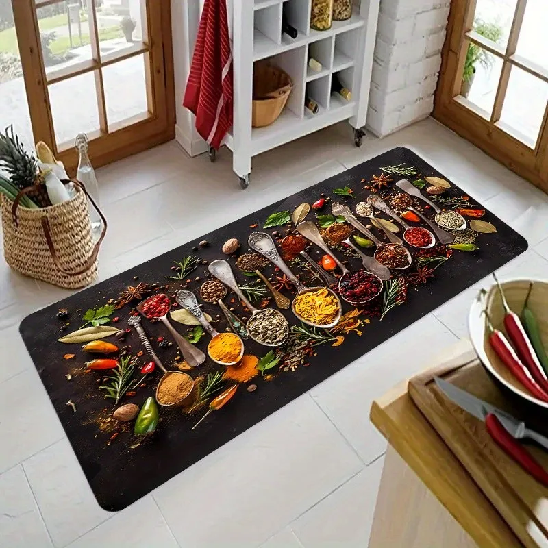 Black Background Spice Kitchenware Food Theme Runner Rug for Entryway Culinary Art Design Carpet Floor Mat Wrap