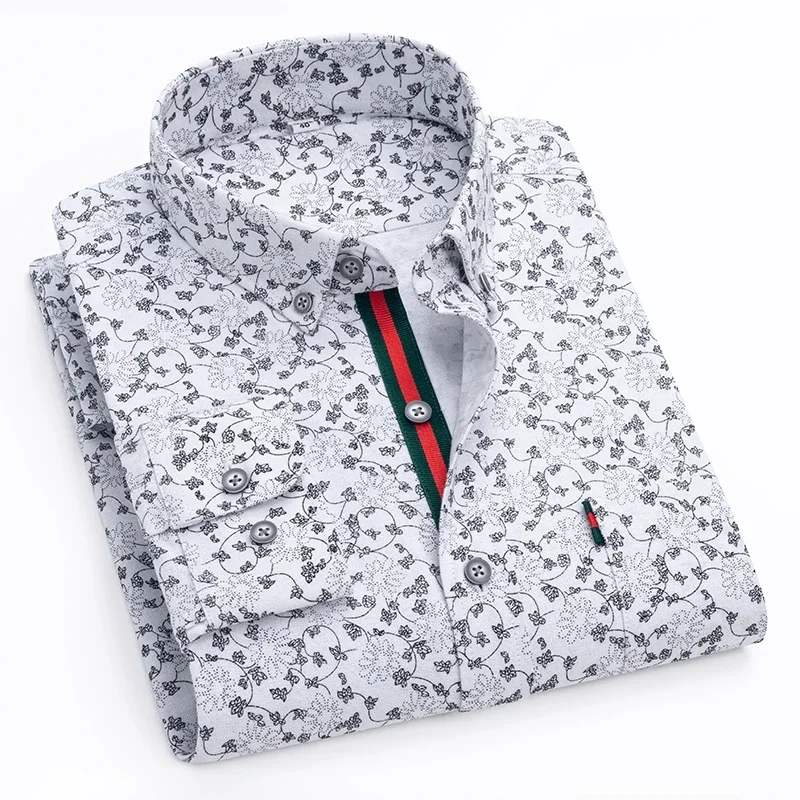 Men New Shirts Fashion Flower Print Oxford Turn-Down Collar Long Sleeve Loose Size Male Large Shirt Personalized Party Clothes