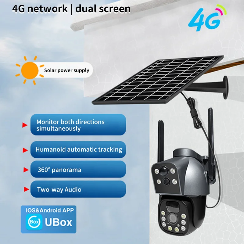 

4MP Ubox APP Dual Lens Solar Power PTZ 4G Alarm IP Dome Camera Full Color AI Humanoid Detection Security CCTV Baby Monitor