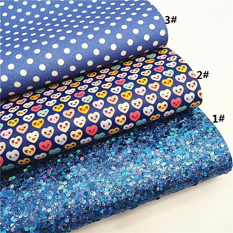 Iridescent Blue Glitter Leather Hearts Dots Flowers Printed Synthetic Leather Smooth Faux Leather DIY Craft Sheet Mini Roll W431