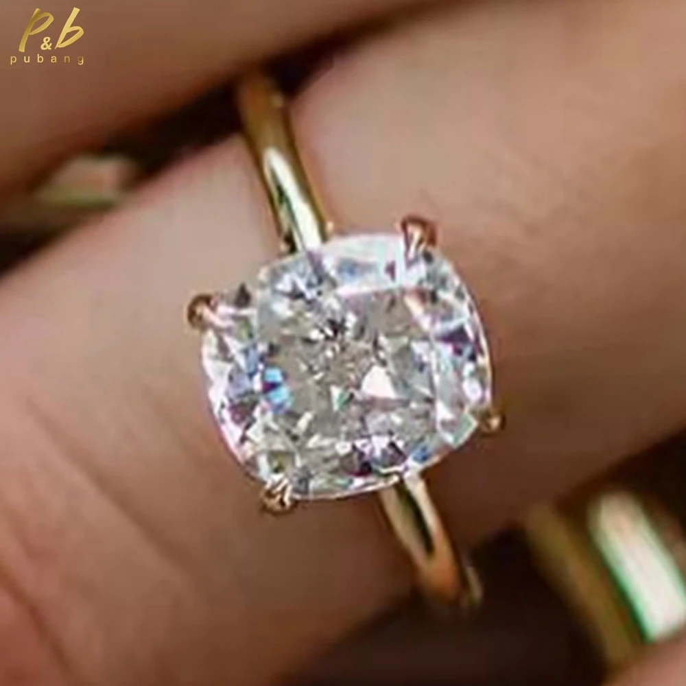 

PuBang 3EX VVS1 D Color 4 Carat Moissanite Engagement Rings Crushed Ice Cushion Moissanite 18k Yellow Gold Accessories For Women