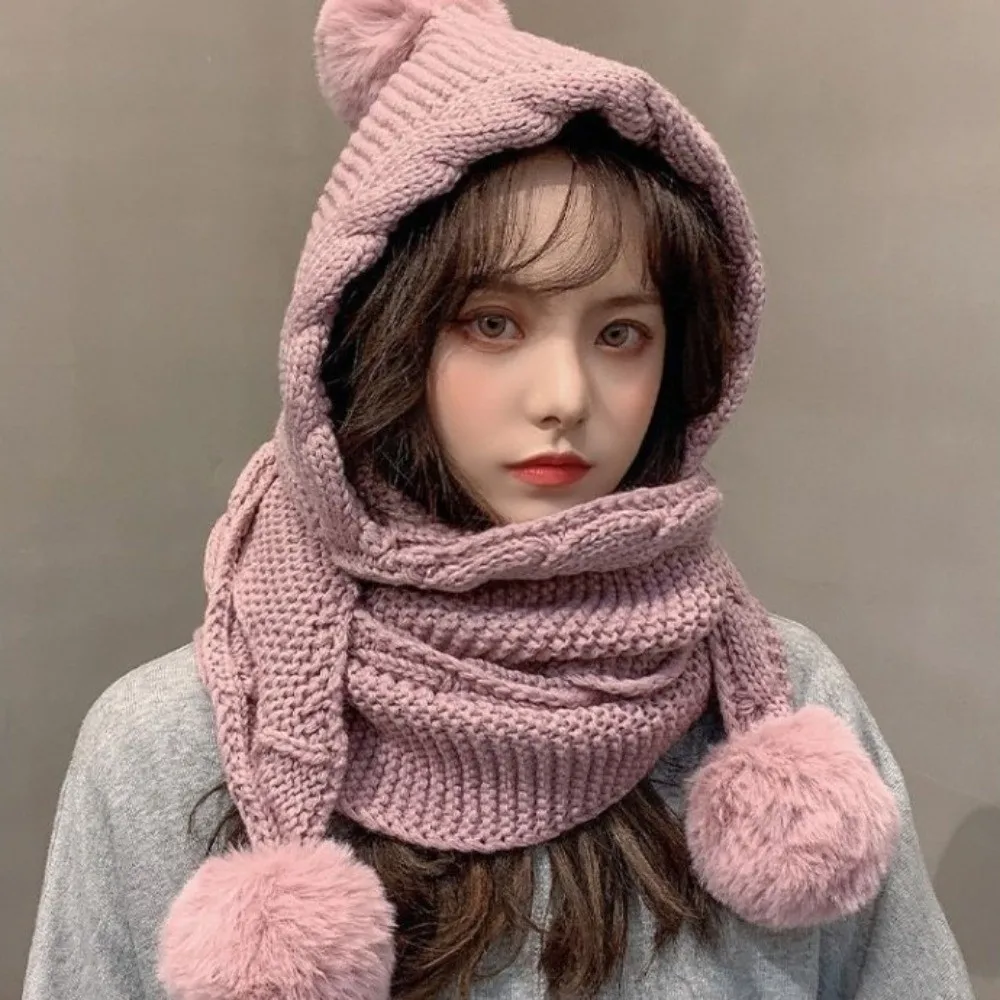 

Cute Twist Knitted Hat Scarf Set Neck Warmer Ear Protection Women Hooded Scarf Soft Thicken Neckerchief Autumn
