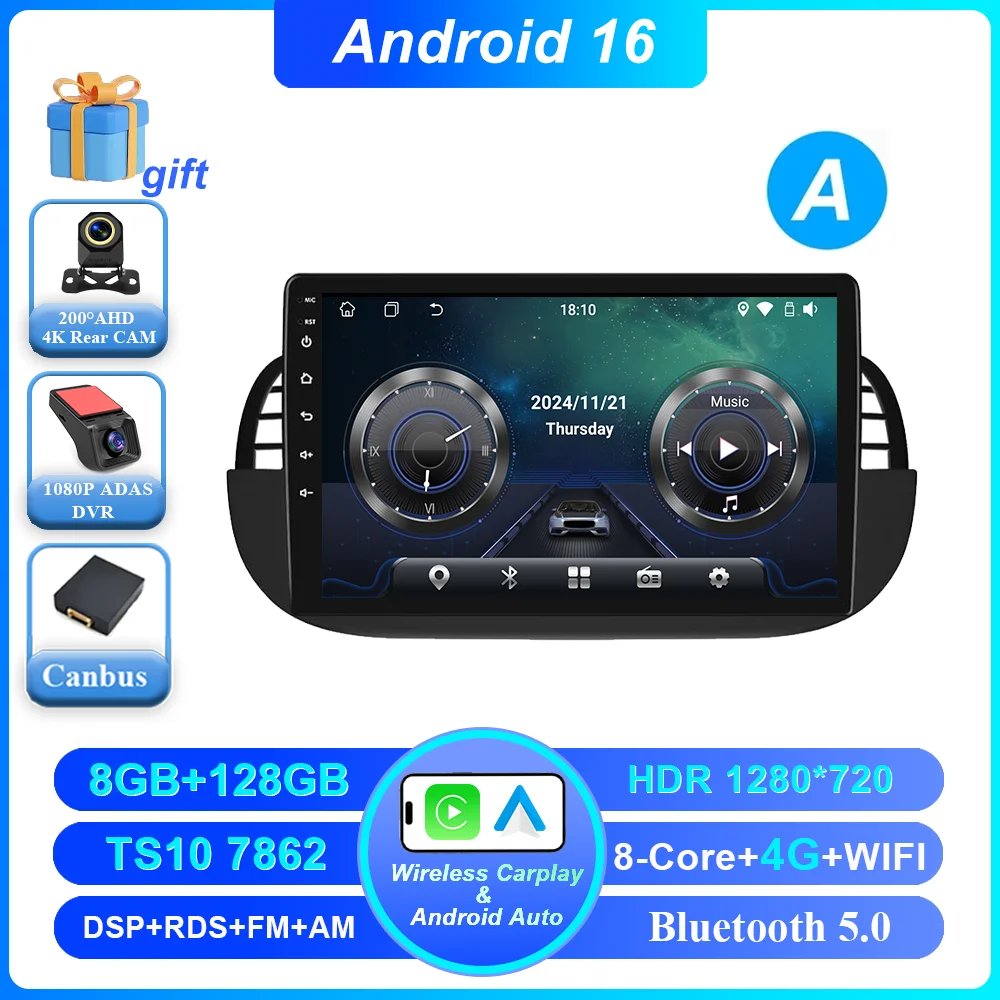 Auto DVD Android 16 Radio Stereo voor Fiat 500 2007-2015 Auto Multimedia Speler GPS Navigatie Hoofdunit Hoge-Prestatie CPU WIFI