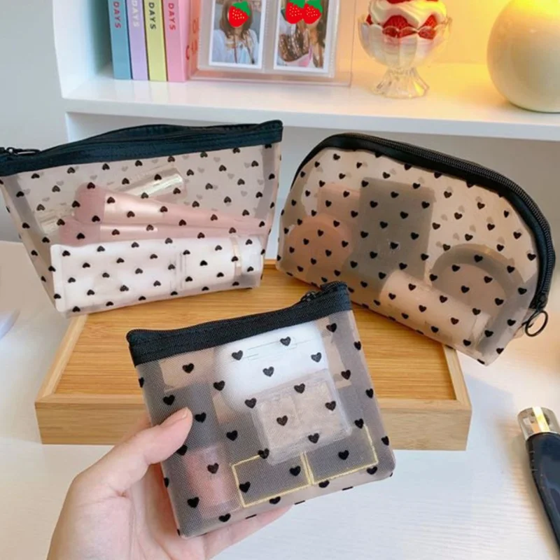 Mesh Cosmetic Makeup Bags Holder Transparent Black Zipper Heart Pencil Pen Case Wash Bag Storage Pouch Travel Convenient Carry