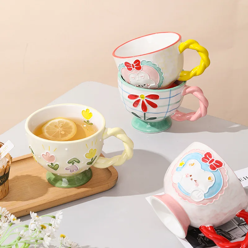 

Hand-painted Ceramic Breakfast Cup with Relief Design, Large-capacity Oat Cup, Cute and Creative Milk or Coffee Cup