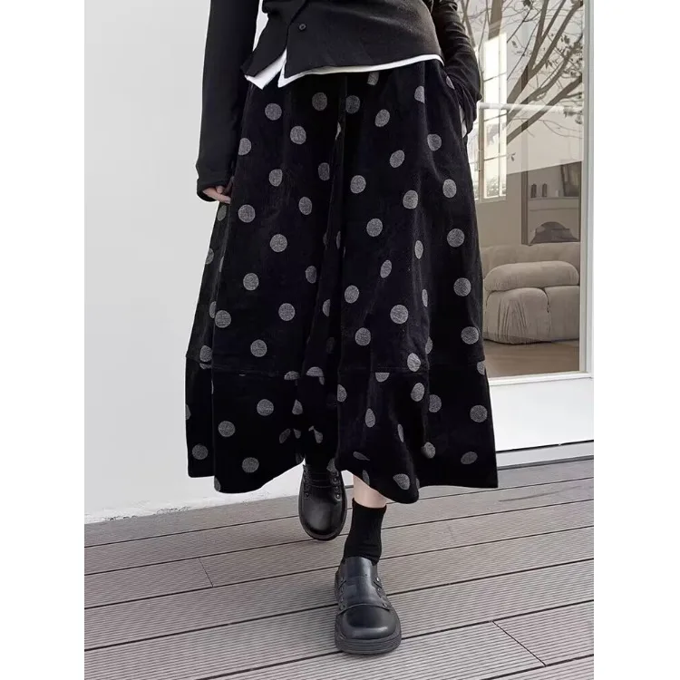 

Retro Corduroy A-Line Skirt Women's plus Size Polka Dot Umbrella Skirt Slimming High Waist Long Flower Bud Skirt
