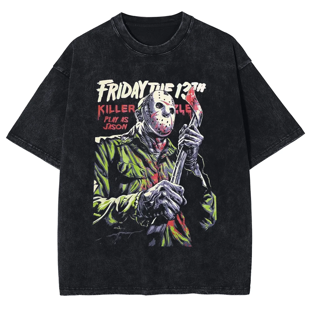 

2025 Vintage Washed T-shirt Harajuku Classic Friday The 13th Shirt Cotton DTG Printed Men's T-shirt Unisex Top Tees Couple Clot