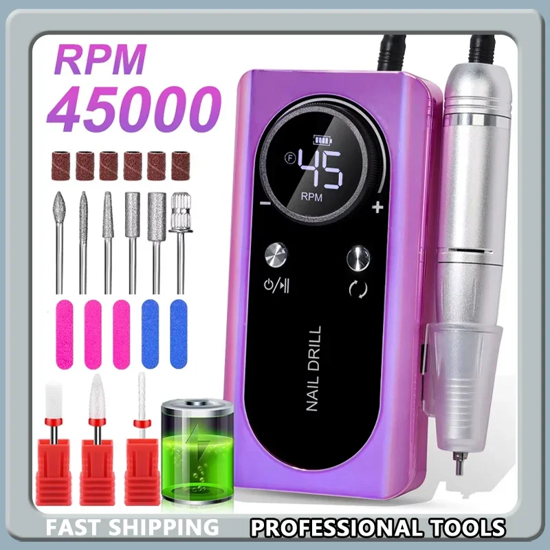 45000RPM Nail Drill Machine Kit Rechargeable Electric Portable Nail Sander File for Gel Nails Polishing For Manicure Salon Home