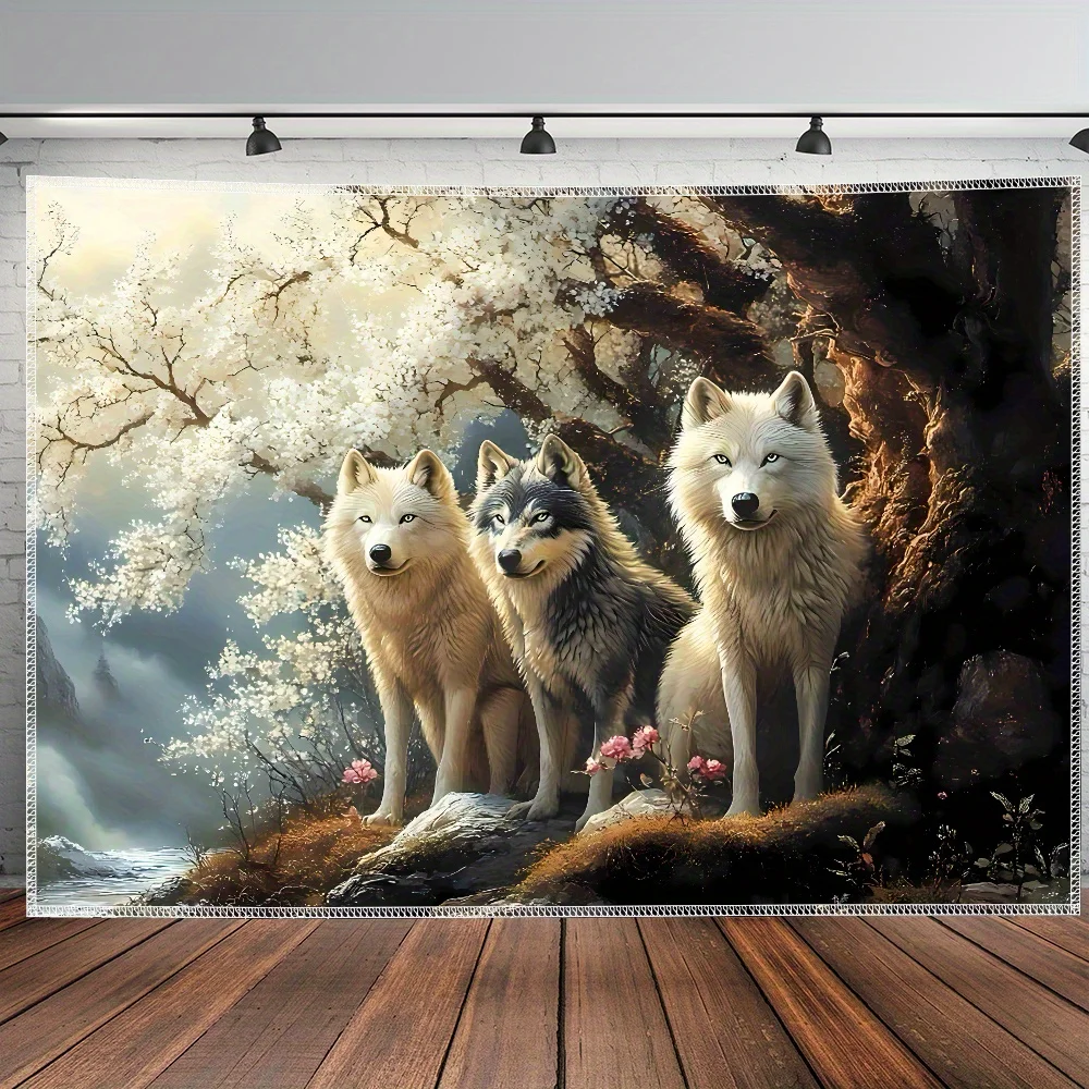Wolves Tapestry Wall Hanging White Wolf Pack Under Cherry Blossom Tree Forest Landscape Wall Art for Living Room Bedroom Home