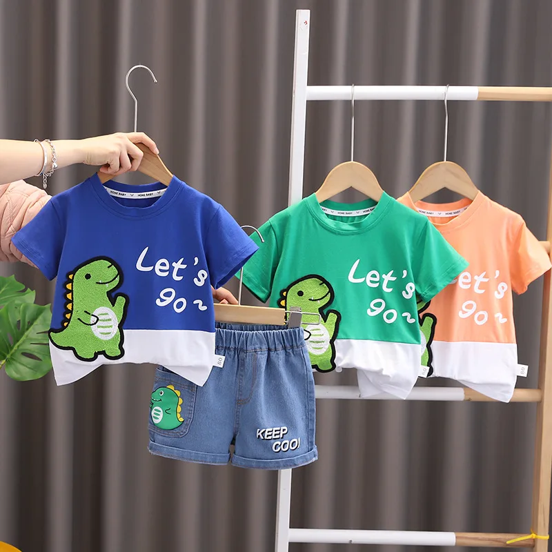 Toddler Clothes 2024 Summer Infant Baby Boys Girls Set Cotton Alphabet Dinosaur Short Sleeve T-shirts and Shorts Sets for Kids