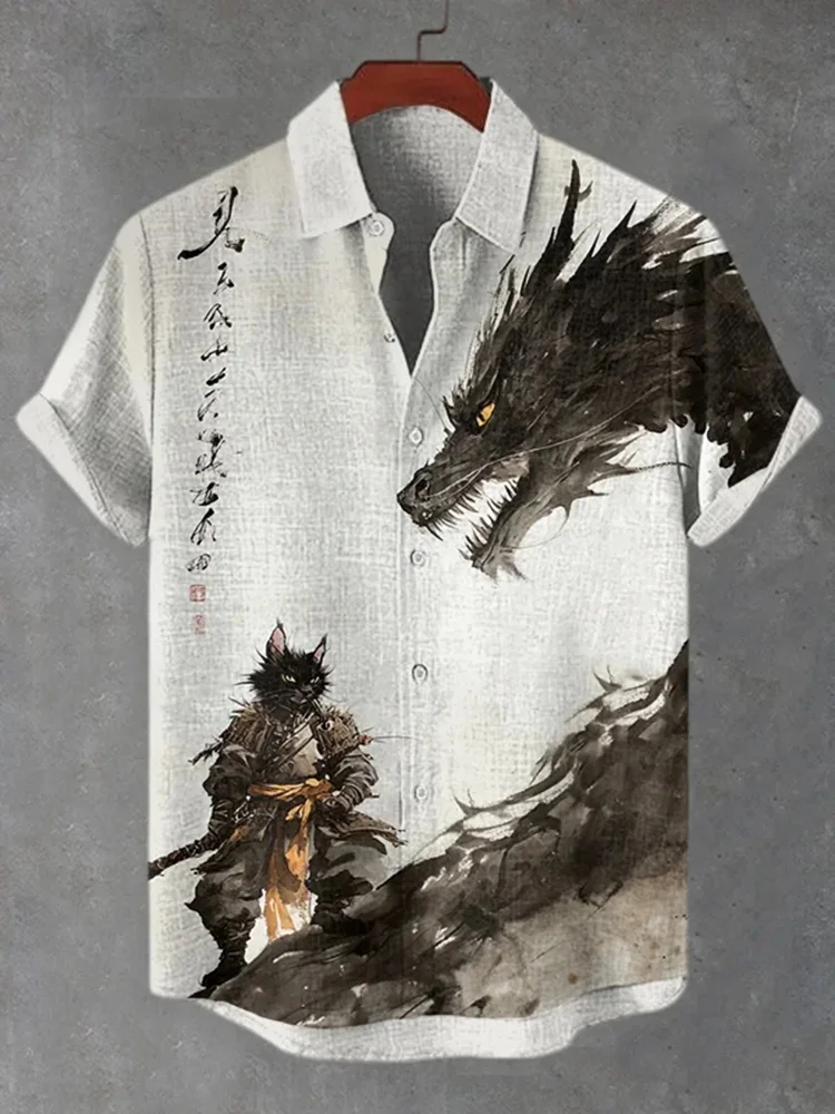 

Men's Cat Warrior And Dragon Duel Ink Painting Art Print Short Sleeve Shirt Casual Loose Holiday Lapel White Harajuku Boho Tunic