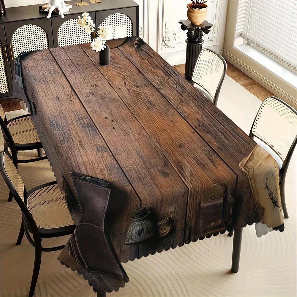 One rectangular tablecloth with rural western cowboy pattern and wood grain print, made of polyester twill fabric
