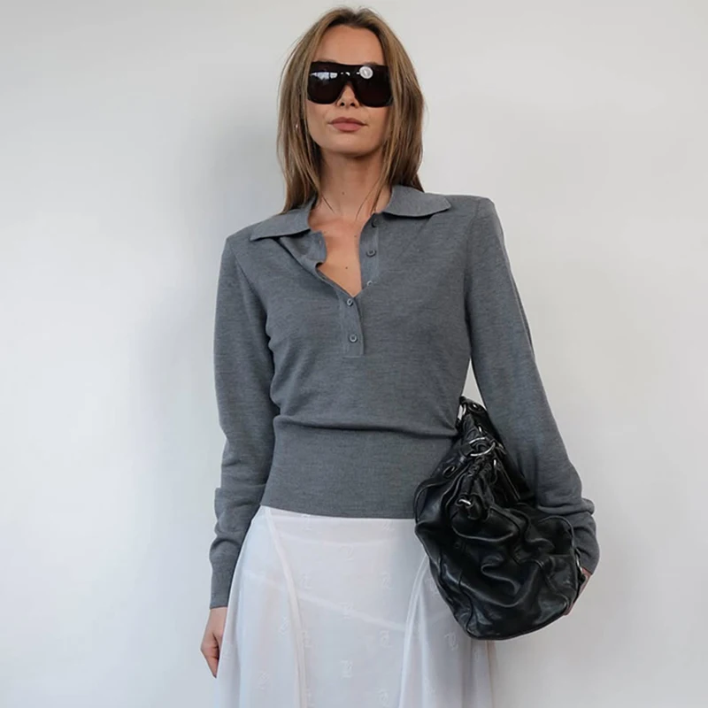 Polo Collar Lapel Button Long Sleeve Slim T Shirt Women Solid Casual Fashion Commuting Pullover Autumn New