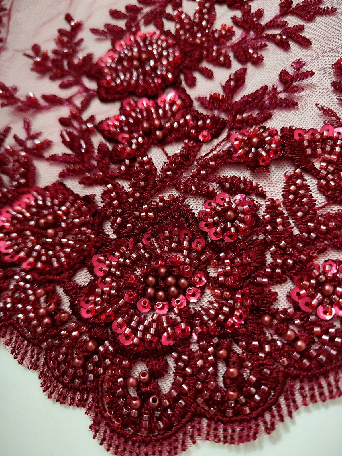 High Quality Wine African Handmade Beads Lace Fabirc 2023 Sequins Embroidery Nigreian Lace Fabric For Wedding Dress LWH23107A