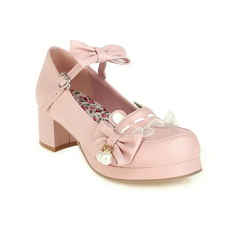 Plus Size 30-48 Lolita Mary Janes Girls Shoes Sweet Bowknot Women Thick High Heel Shoes Cosplay Party Dress Princess Shoes