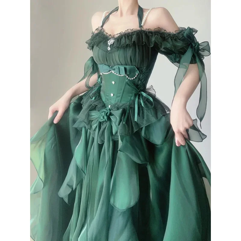 녹색 꽃 웨딩 드레스 코스프레 드레스 로리타 중공업 트레일 푹신한 공주 드레스 로리타 코스프레 열정적인 드레스 세트