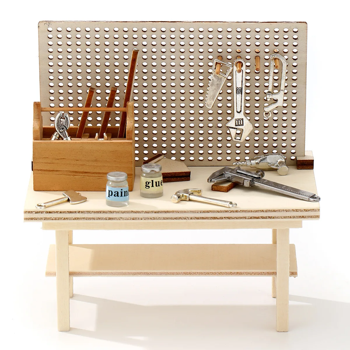 1set Dollhouse Mini Wooden Workbench Tool Set DIY Workshop Tools Model Accessories Decor Kit Miniature Home Decor