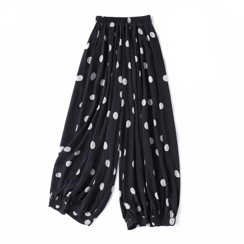 Modern Large Polka Dot 100% Natural Mulberry Silk Crepe De Chine Elastic Waist Women's Fashionable Cropped Lantern Pants