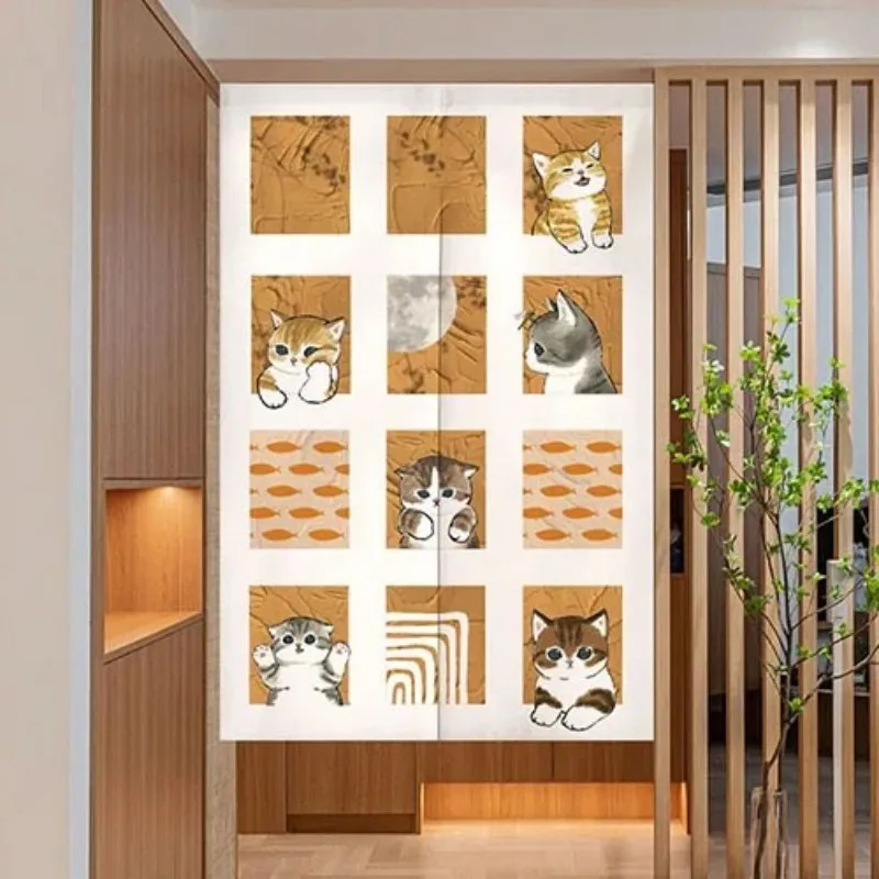 Cute Cat-Patterned Linen Half-Curtain Door Curtains, Bedroom/Living Room Privacy Curtains, Fashionable Home Decorations