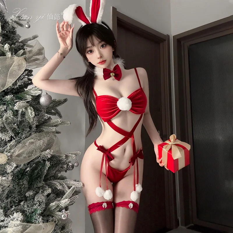 عيد الميلاد القطيفة المرأة موحدة تأثيري المرأة مثير Strappy سانتا كلوز المخملية زي عميق الخامس عارية الذراعين الملابس الداخلية ثوب النوم #1