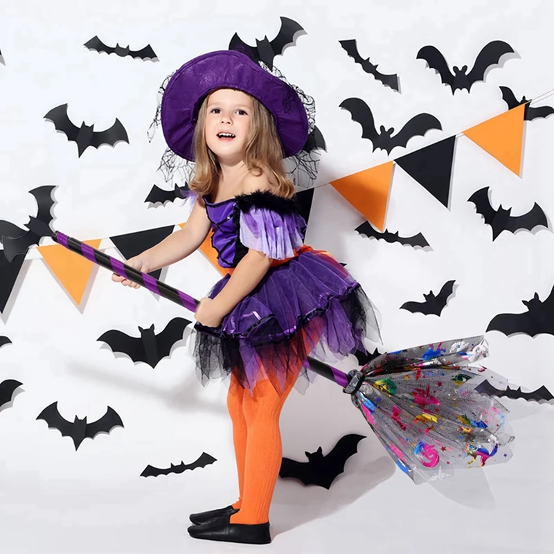 

Halloween Patchwork Colorful Broom Gauze Plastic Witch Broom Halloween Party Broom Props Children's Gifts Halloween Decoration