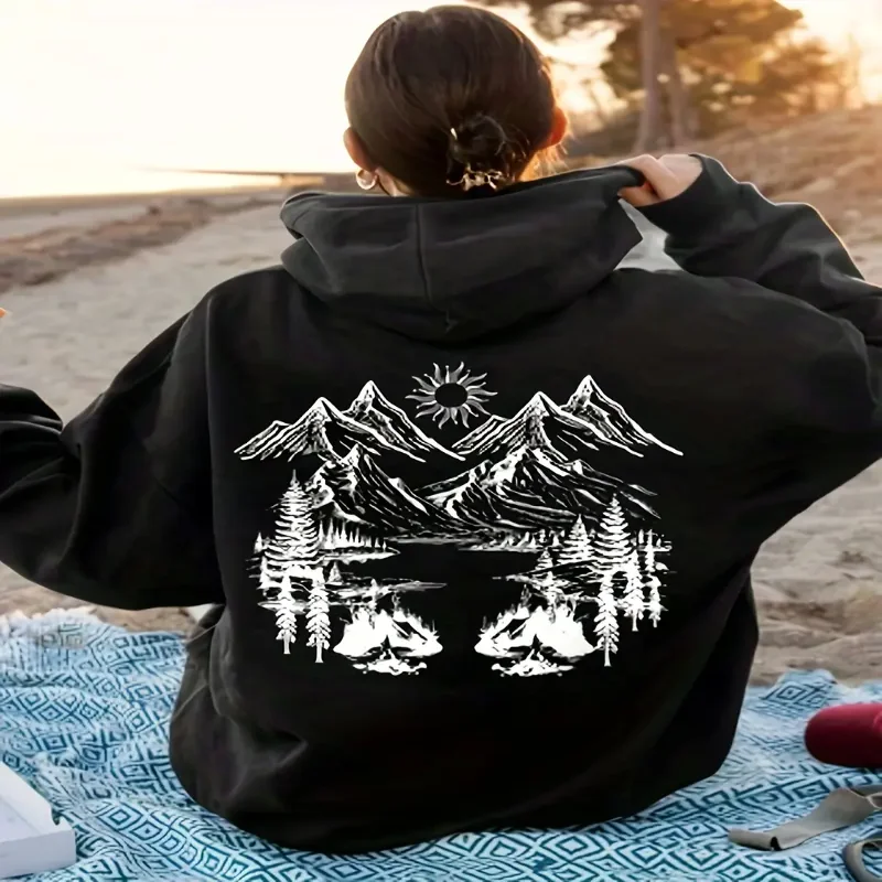 Womens Plus Size Casual Hoodie Sunset Mountain Graphic Cozy Long Sleeve Pullover Black White Design For Daily Wear Streetwear