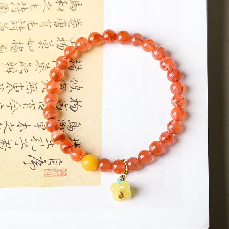 Original natural South Red Agate bracelet with floating floral patterns featuring honey-colored amber and osmanthus a new C