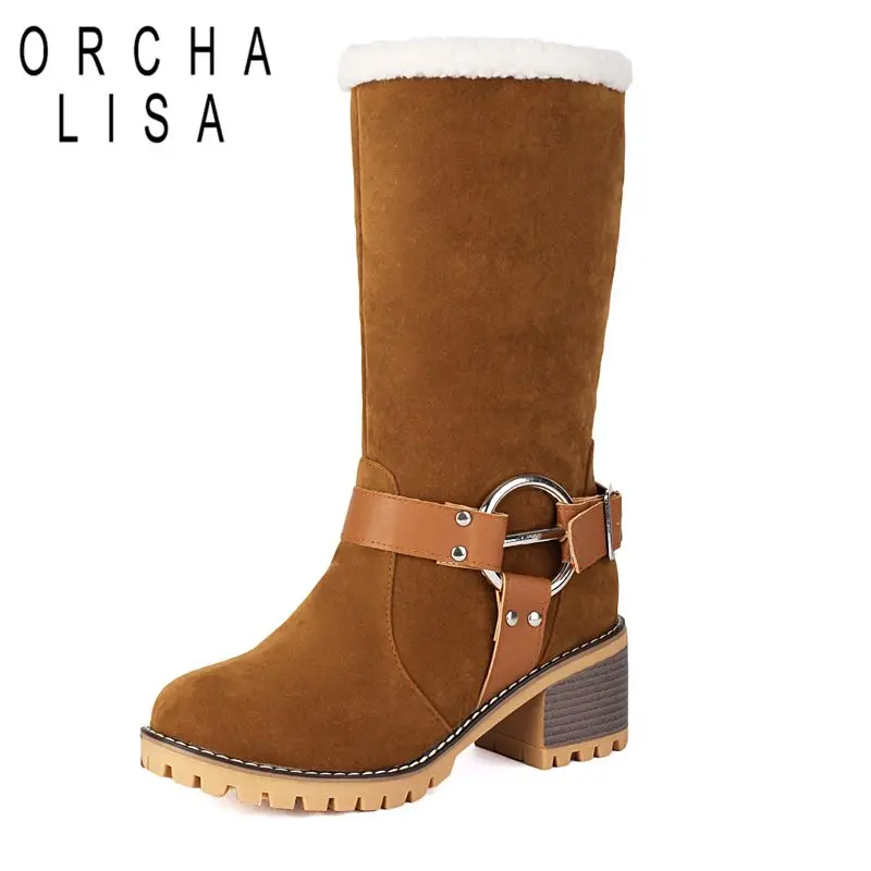 

ORCHA LISA 2025 Fashion Women Mid Calf Boots Round Toe Chunky Heels 5.5cm Slip On Metal Decoration Big Size 41 42 43 Retro Bota