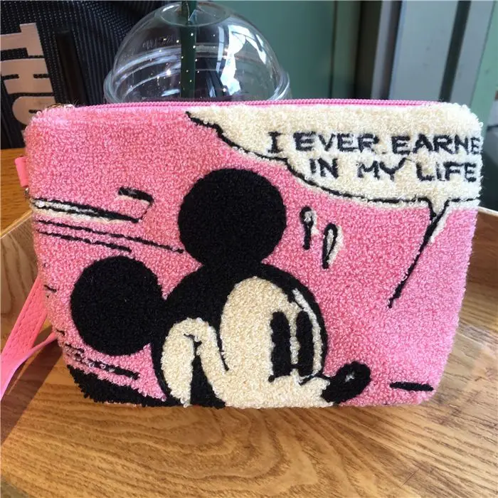 Disney Mickey Mouse Cartoon Corduroy Makeup Bag For Women Coin Purse Girl Cute Travel Toiletries Organizer Zipper Cosmetic Bag