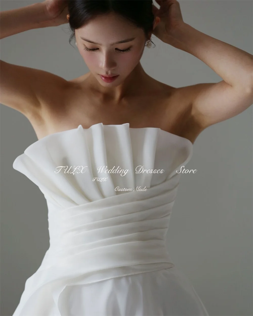 Tulx Elegante Strapless Plooi Korea Organza Trouwfotoshoot Jurk, Een Korset Achtervloer Lengt Bruidsjurken Op Maat Gemaakt 2025