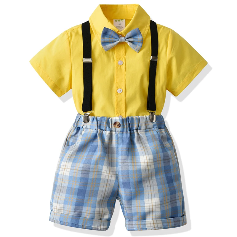 

4Piece Toddler Boys Summer Sets Clothing Gentleman Fashion Casual Tie Baby T-shirt+Plaid Shorts+Straps Children Clothes BC2384