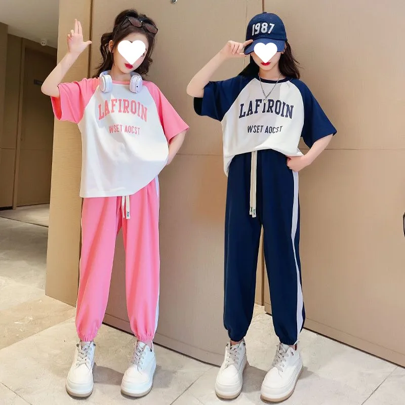 Girls' summer color matching casual suit medium and large children's fashionable printing Harlan pants two-piece trendy set