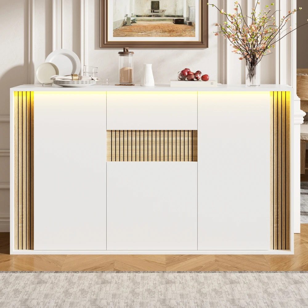 Credenza multifunzionale autoportante, dimensioni 140 × 40 × 82 cm, mobile contenitore bianco con 3 ante e 1 cassetto, decorato con dettagli unici in legno naturale intagliato, versatile come mobile