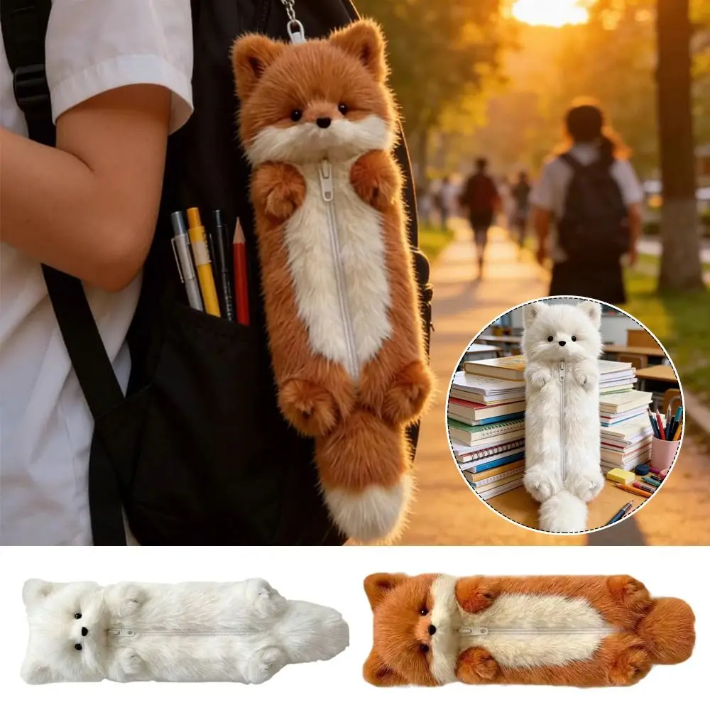 Cute Pen Bag Fox Shape Zipper Closure Pencil Case Large Capacity Stationery Storage Bag School Office