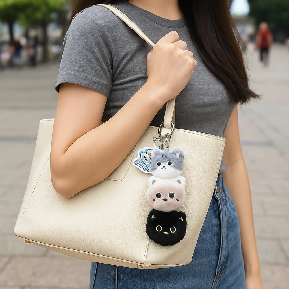 ผ้าฝ้าย PP สัตว์พวงกุญแจแมวเหมือนจริงปุยการ์ตูนแมวตุ๊กตาจี้คอลเลกชันการ์ตูนจําลองแมว Plush Key Ring