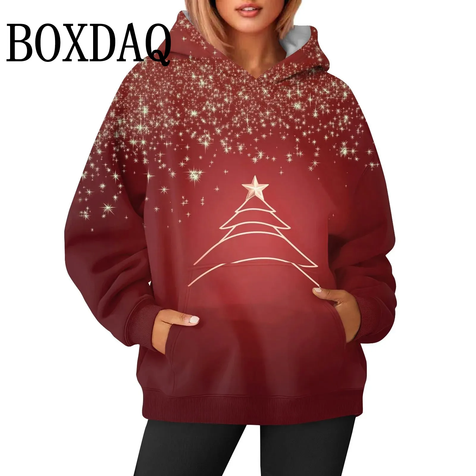 New Year Christmas Tree Print Sweatshirts For Women Fashion Cartoon Funny 3D Santa Claus Pattern Hoodies Pullover Winter Clothes