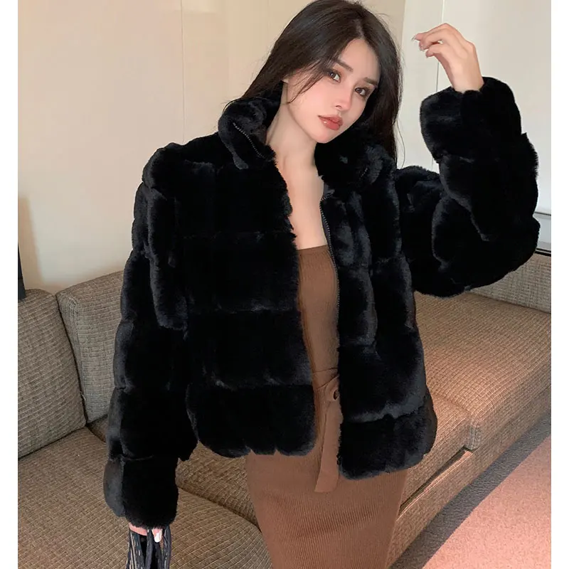 Korean Thick Faux Fur Jackets Warm Autumn Winter Luxury High Collar Faux Mink Fur Party Club Coat Vintage Solid Furry Outerwear