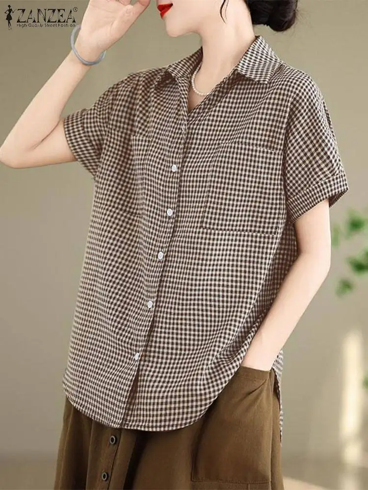 

ZANZEA Women Summer Blouse Vintage Checked Shirts Female Elegant OL Work Tops Fashion Short Sleeve Lapel Neck Buttons Blusas