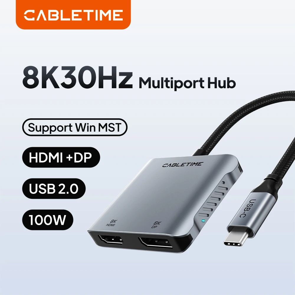 CABLETIME USB C to HDMI DP Adapter MST 4K 8K Monitor Converter Triple Display Compatible with M1/M2/M3 Windows Mac Laptop