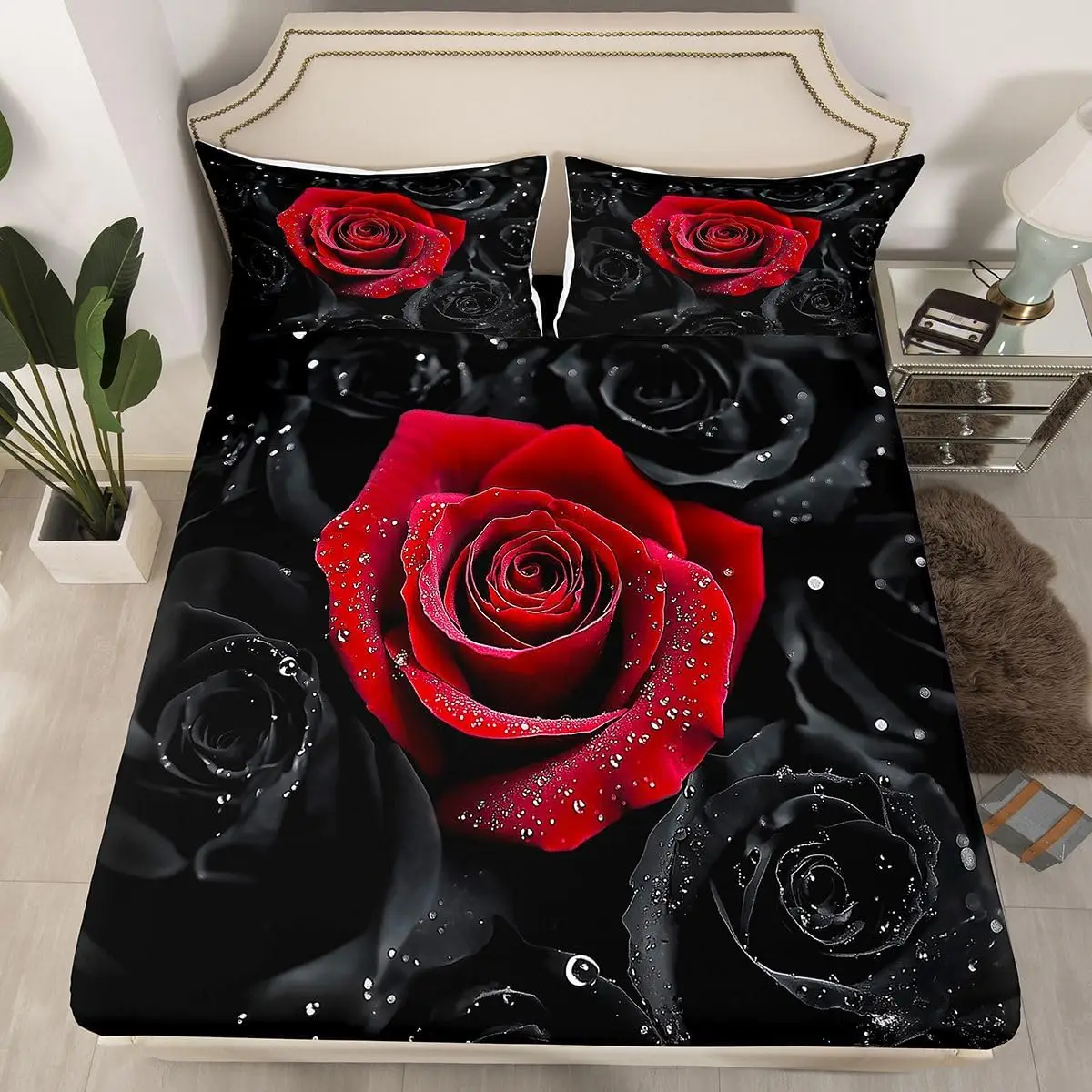Red Rose Bed Sheet Set Rose Floral Print Bedding Set Romantic Flowers Pattern Fitted Sheet for Boys Girls Teens Bedroom Decor